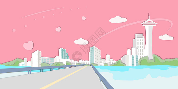 手绘城市建筑公路交通矢量插画图片