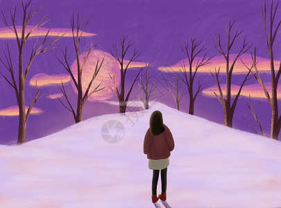 雪夜云月唯美女孩插画图片