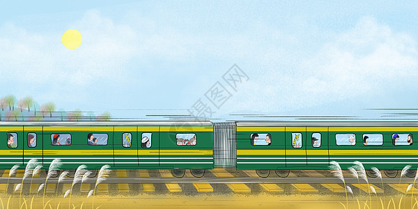 远山绿皮火车插画