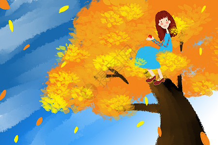 秋天坐在树上的女孩图片