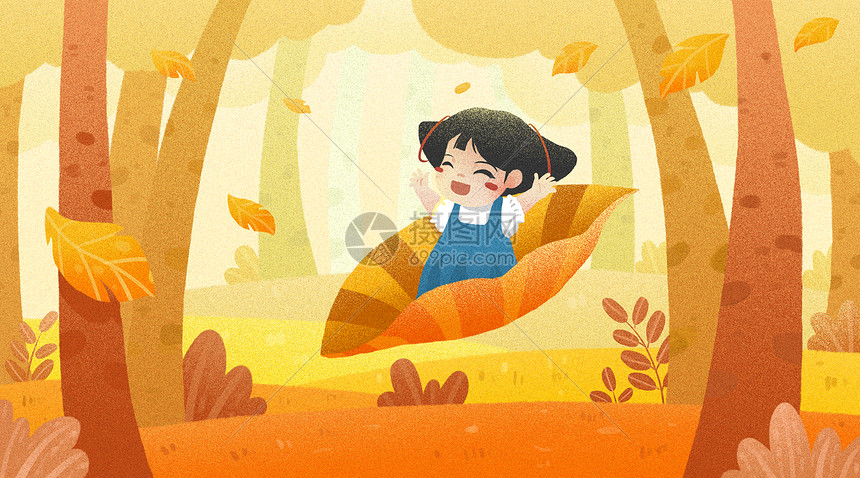 秋天坐在叶子上的小女孩图片
