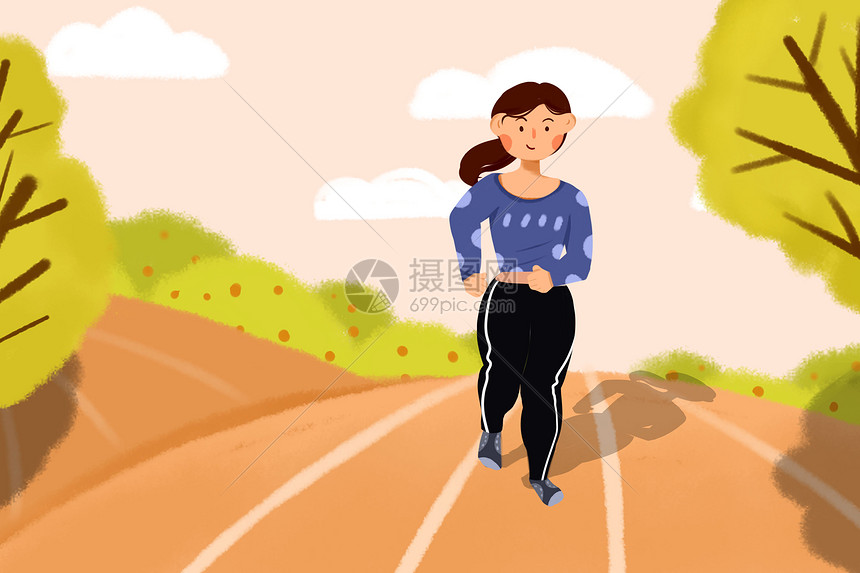 秋分女孩操场跑步锻炼插画图片