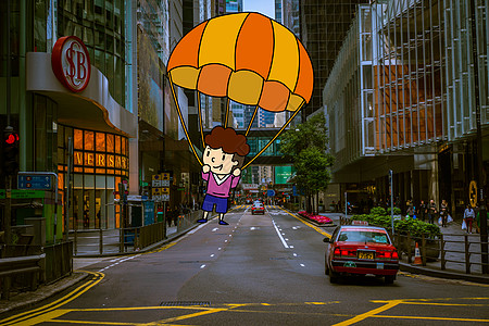 降落伞环游都市创意摄影插画图片