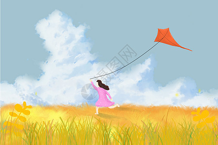 稻田放风筝的女孩图片