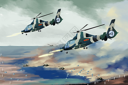 直升机保卫祖国插画