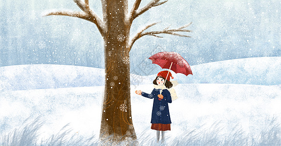 大雪手套雪地里的女孩插画
