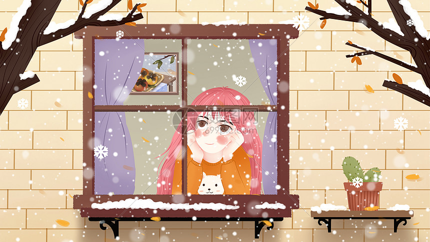 小雪节日女孩坐在窗前看雪插画