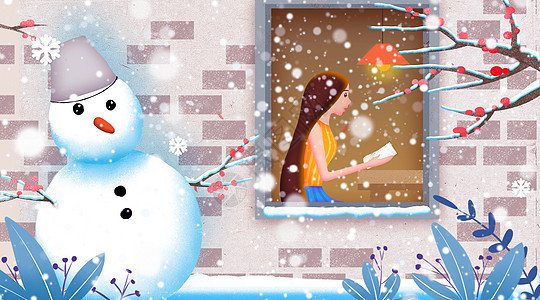 冬季小雪女孩坐在窗前阅读插画图片
