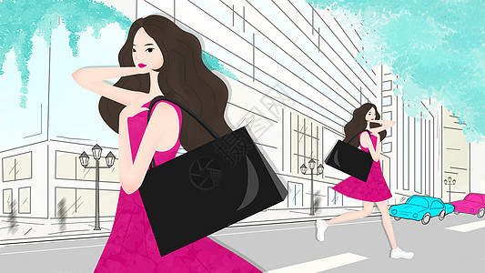 购物女性购物街时尚女孩插画