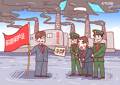 红色大气背景大气污染违规企业处罚漫画插画