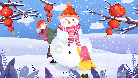 冬季新年元旦女孩堆雪人插画高清图片