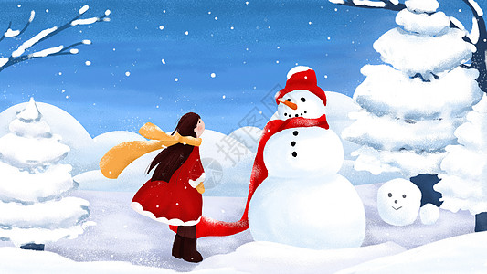 免费冬至素材雪中的女孩插画