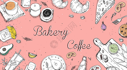 面包素描美食咖啡烘焙背景插画