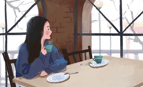 小资喝咖啡的女孩插画