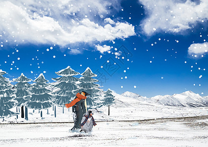 冬季企鹅雪山漫步赏雪景创意插画背景图片