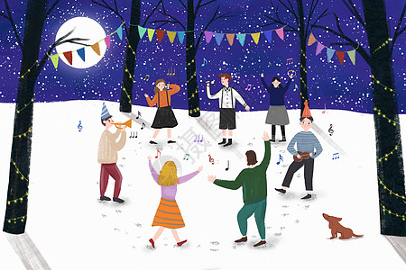 狂欢派对夜晚下雪插画高清图片