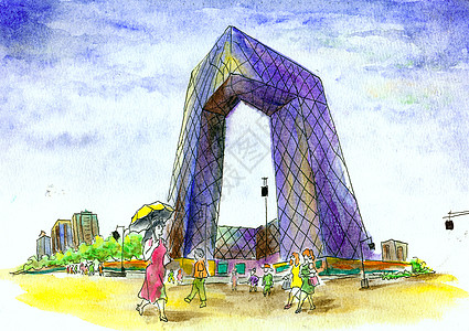 总部大楼北京建筑街景插画