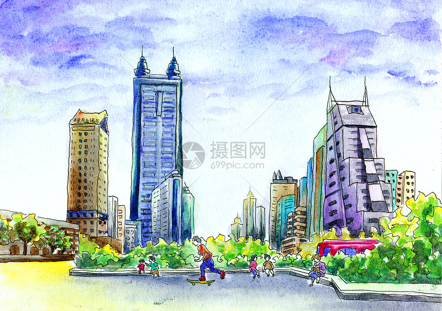 深圳城市建筑街景水彩插画手绘图片