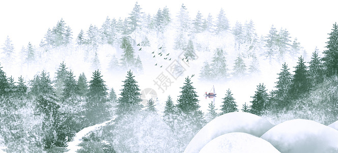冬季雪景松树水墨高清图片