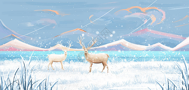 雪地里的鹿冬天唯美手绘插画高清图片