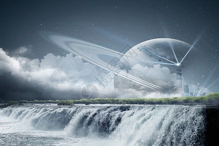 瀑布风景科幻星球场景设计图片