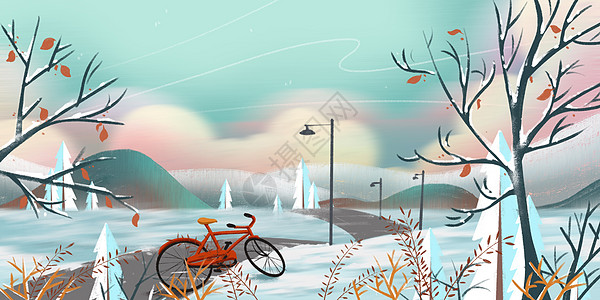 雪地自行车冬日风景插画