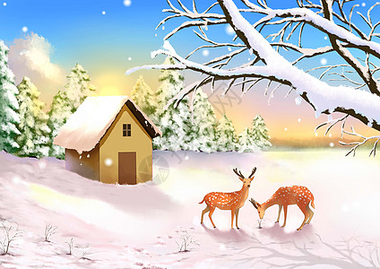 冬季房屋雪地鹿高清图片