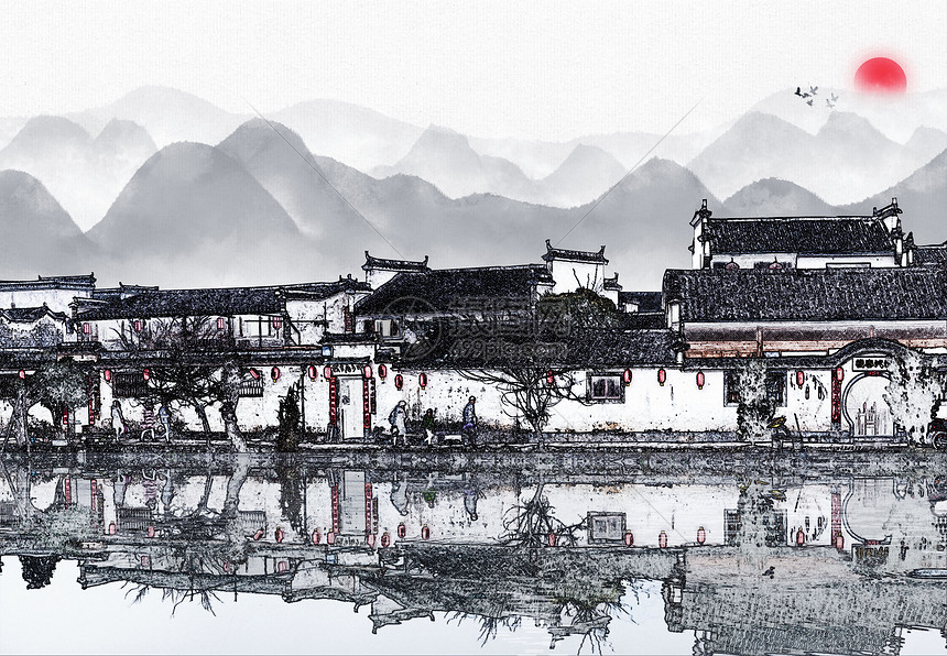 中国风水墨城镇图片