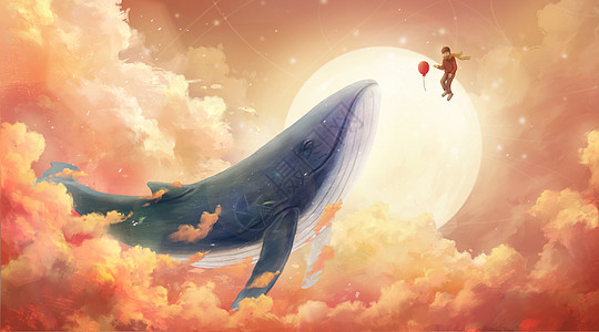 唯美粉红气球与鲸鱼的天空之旅插画