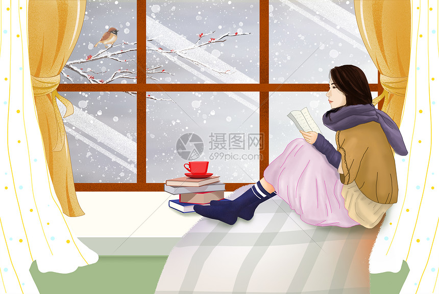 窗台看书的女孩儿