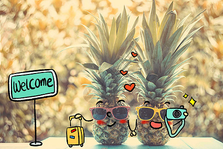 热带水果创意菠萝情侣旅游插画