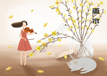 小人国迎春花瓣中拉小提琴的女孩高清图片