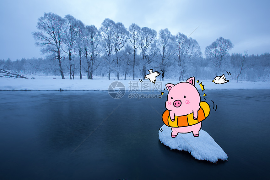 创意冬泳小猪图片