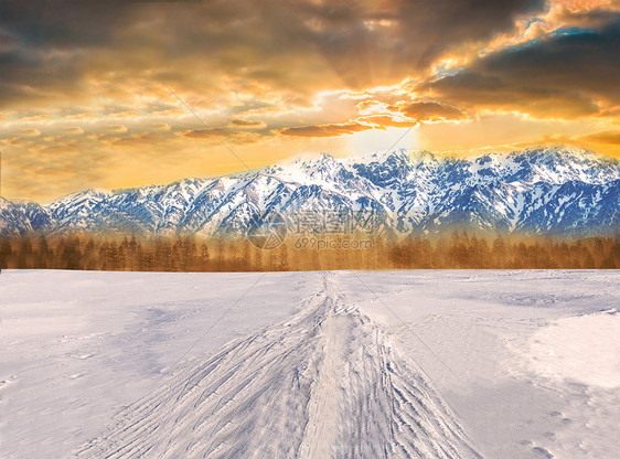 夕阳下的雪景图片