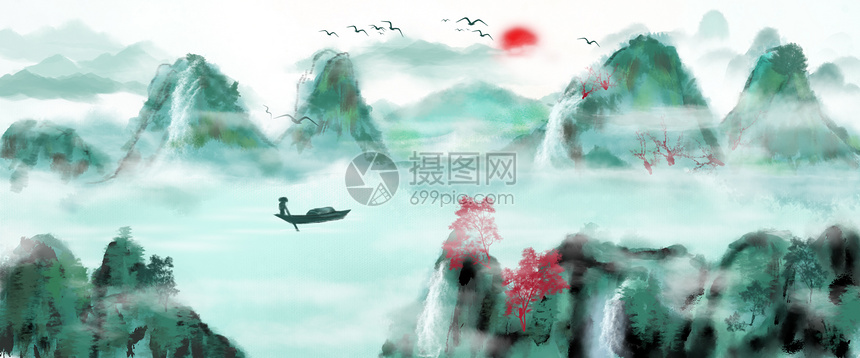 中国风手绘水墨风景山水画,编号: 400972692,格式: psd,体积