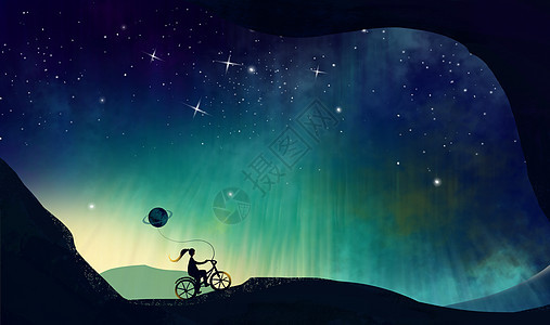 深蓝色璀璨星空下扎马尾女孩骑着单车手绘插画背景图片