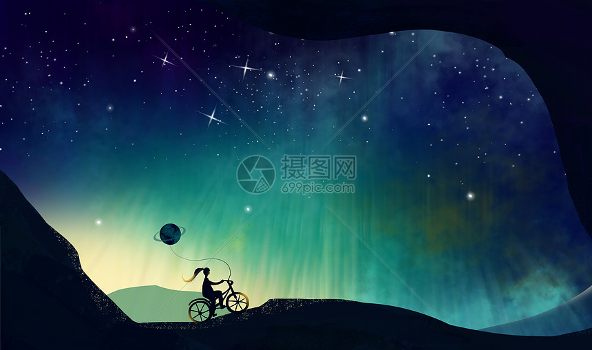 深蓝色璀璨星空下扎马尾女孩骑着单车手绘插画图片