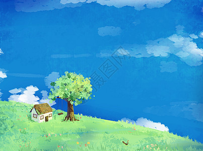 小清新蓝色天空和绿色山坡背景中有一个稻草房子在大树边手绘插画图片