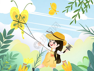 嫩绿色小清新风格春天儿童在草地放风筝图片