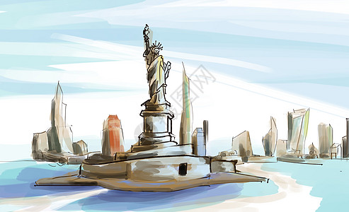 美国城市建筑自由女神像插图手绘插画