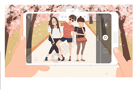 樱花节开学季之校园樱花树下合影插画