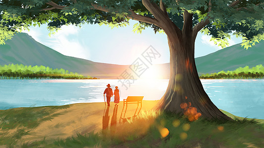 湖边日出背景图片