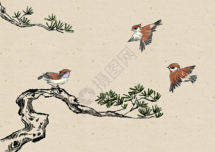 水墨的松树和鸟图片