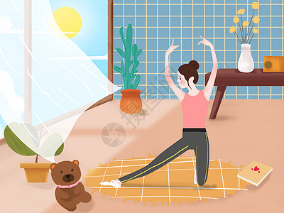 小清新风格早上锻炼在家做瑜伽的少女背景图片
