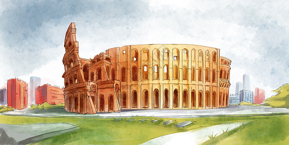 罗马竞技场手绘插画图片