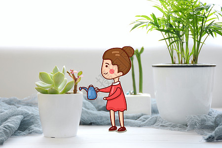 浇水壶给盆栽浇水的女孩插画