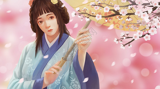 穿汉服赏樱花的中国古代女子图片
