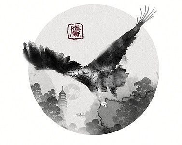 招聘元素手绘老鹰水墨创意点绘中国风插画