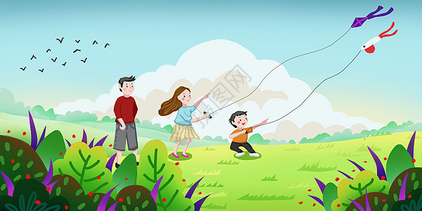 中庭放风筝春天一家人郊外放风筝插画