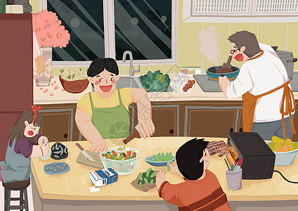 家庭厨房背景全家一起下厨插画